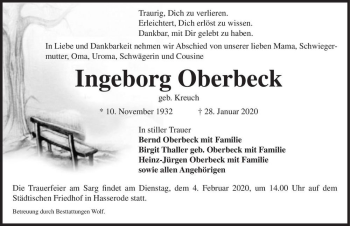 Traueranzeige von Ingeborg Oberbeck (geb. Kreuch)  von Magdeburger Volksstimme