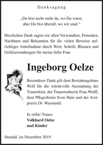 Traueranzeige von Ingeborg Oelze  von Magdeburger Volksstimme