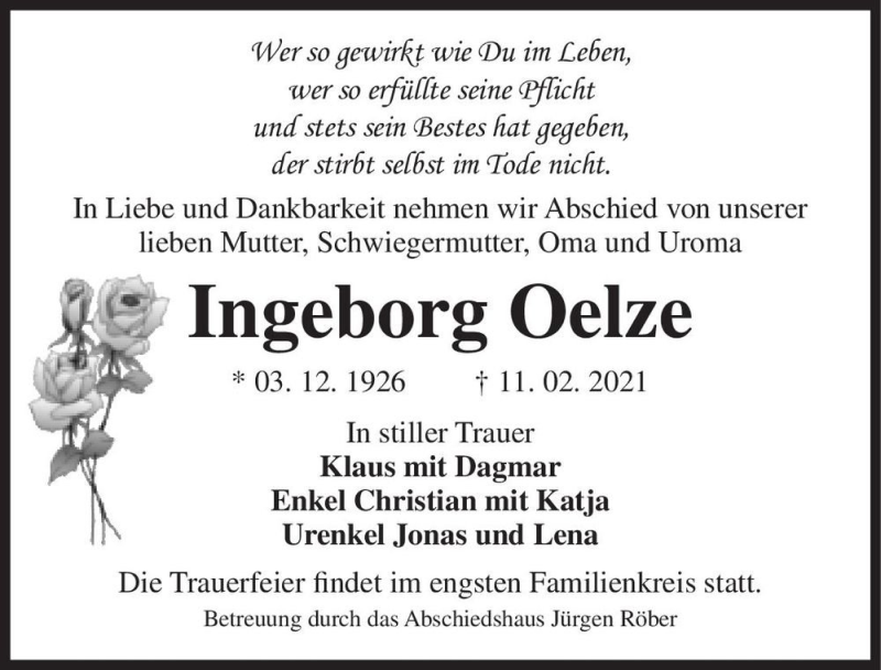  Traueranzeige für Ingeborg Oelze  vom 20.02.2021 aus Magdeburger Volksstimme