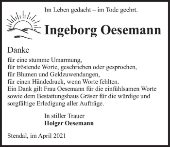 Traueranzeige von Ingeborg Oesemann  von Magdeburger Volksstimme