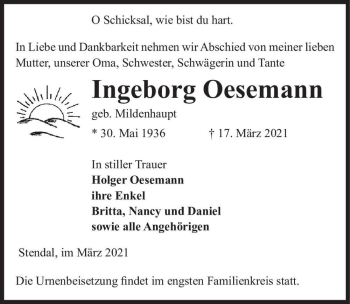Traueranzeige von Ingeborg Oesemann (geb. Mildenhaupt)  von Magdeburger Volksstimme