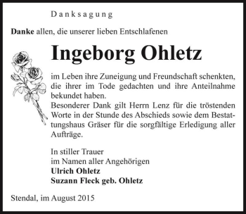 Traueranzeige von Ingeborg Ohletz  von Magdeburger Volksstimme