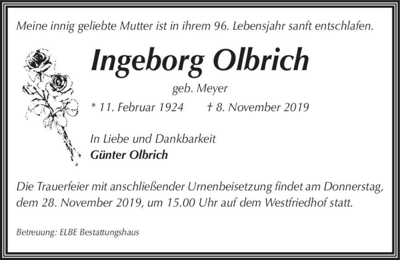  Traueranzeige für Ingeborg Olbrich (geb. Meyer)  vom 16.11.2019 aus Magdeburger Volksstimme