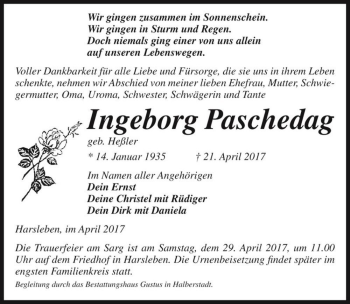 Traueranzeige von Ingeborg Paschedag (geb. Heßler)  von Magdeburger Volksstimme