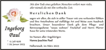 Traueranzeige von Ingeborg Paul  von Magdeburger Volksstimme