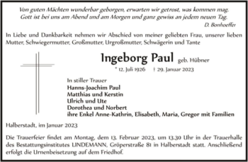 Traueranzeige von Ingeborg Paul (geb. Hübner)  von Magdeburger Volksstimme
