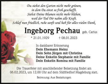 Traueranzeige von Ingeborg Pechau (geb. Carius)  von Magdeburger Volksstimme