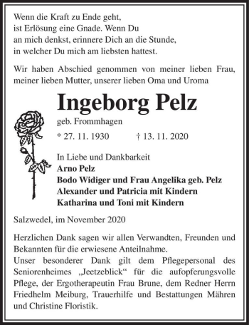 Traueranzeige von Ingeborg Pelz (geb. Frommhagen)  von Magdeburger Volksstimme