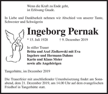 Traueranzeige von Ingeborg Pernak  von Magdeburger Volksstimme