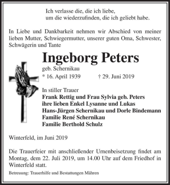 Traueranzeige von Ingeborg Peters (geb. Schernikau)  von Magdeburger Volksstimme