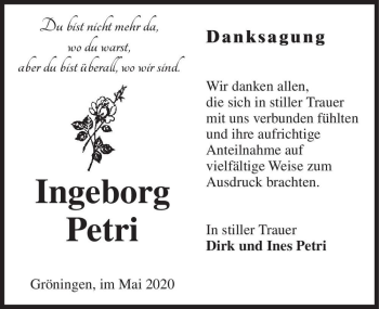 Traueranzeige von Ingeborg Petri  von Magdeburger Volksstimme