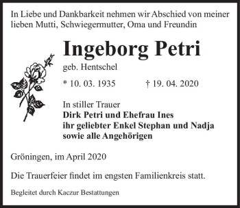 Traueranzeige von Ingeborg Petri (geb. Hentschel)  von Magdeburger Volksstimme