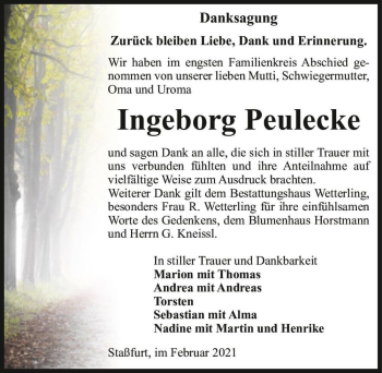 Traueranzeige von Ingeborg Peulecke  von Magdeburger Volksstimme