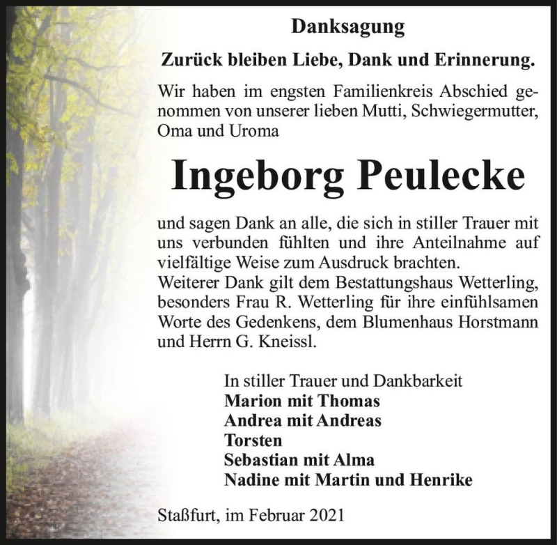  Traueranzeige für Ingeborg Peulecke  vom 13.02.2021 aus Magdeburger Volksstimme