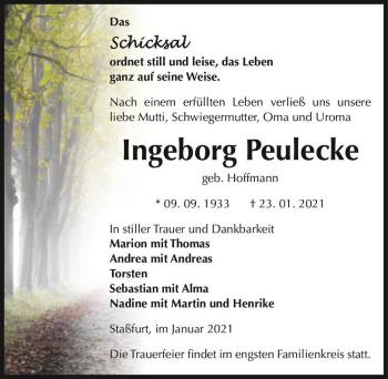 Traueranzeige von Ingeborg Peulecke (geb. Hoffmann)  von Magdeburger Volksstimme