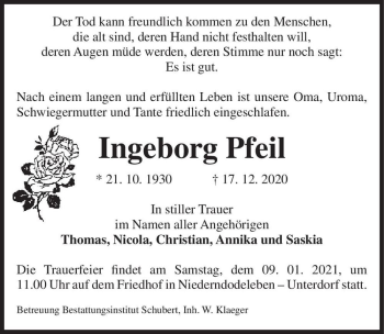 Traueranzeige von Ingeborg Pfeil  von Magdeburger Volksstimme