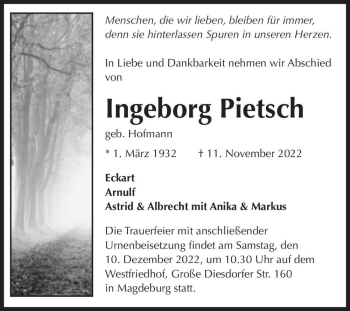 Traueranzeige von Ingeborg Pietsch (geb. Hofmann)  von Magdeburger Volksstimme
