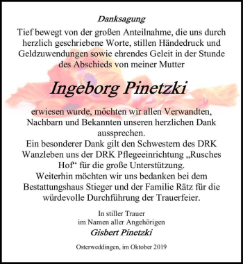 Traueranzeige von Ingeborg Pinetzki  von Magdeburger Volksstimme