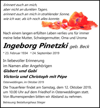 Traueranzeige von Ingeborg Pinetzki (geb. Beck)  von Magdeburger Volksstimme