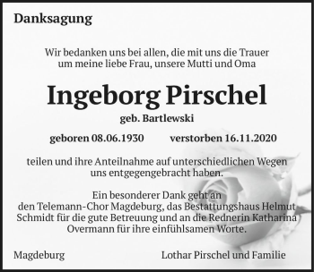 Traueranzeige von Ingeborg Pirschel (geb. Bartlewski)  von Magdeburger Volksstimme
