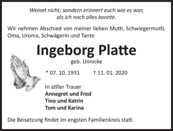 Traueranzeige von Ingeborg Platte (geb. Linnicke)  von Magdeburger Volksstimme