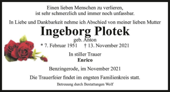 Traueranzeige von Ingeborg Plotek (geb. Anton)  von Magdeburger Volksstimme