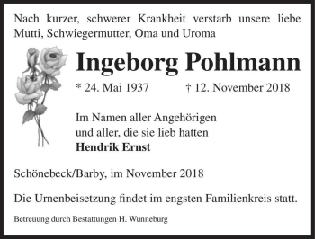 Traueranzeige von Ingeborg Pohlmann  von Magdeburger Volksstimme