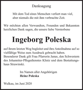 Traueranzeige von Ingeborg Poleska  von Magdeburger Volksstimme
