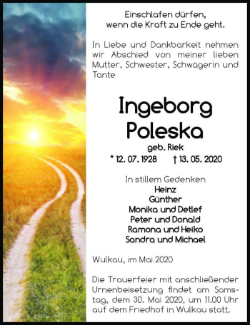 Traueranzeige von Ingeborg Poleska (geb. Riek)  von Magdeburger Volksstimme