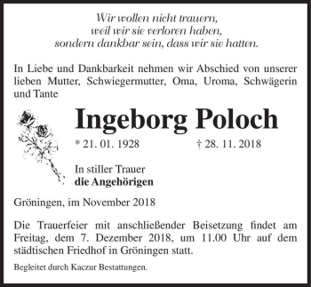 Traueranzeige von Ingeborg Poloch  von Magdeburger Volksstimme