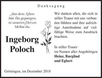 Traueranzeige von Ingeborg Poloch  von Magdeburger Volksstimme
