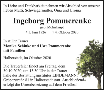 Traueranzeige von Ingeborg Pommerenke (geb. Mohnhaupt)  von Magdeburger Volksstimme