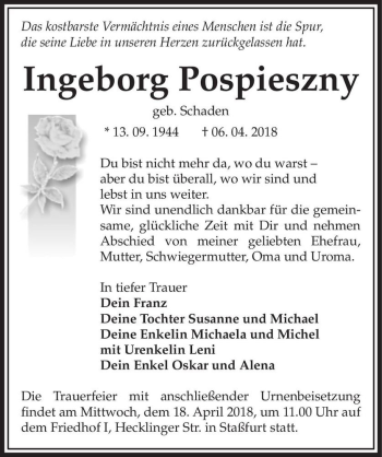 Traueranzeige von Ingeborg Pospieszny (geb. Schaden)  von Magdeburger Volksstimme