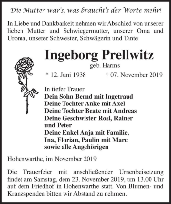 Traueranzeige von Ingeborg Prellwitz (geb. Harms)  von Magdeburger Volksstimme