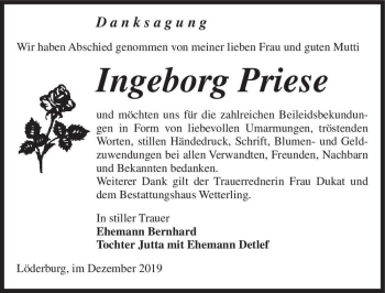Traueranzeige von Ingeborg Priese  von Magdeburger Volksstimme