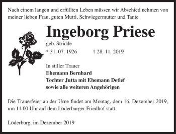Traueranzeige von Ingeborg Priese (geb. Stridde)  von Magdeburger Volksstimme