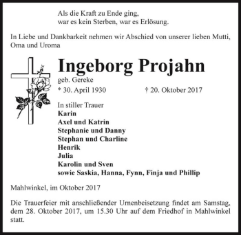 Traueranzeige von Ingeborg Projahn (geb. Gereke)  von Magdeburger Volksstimme