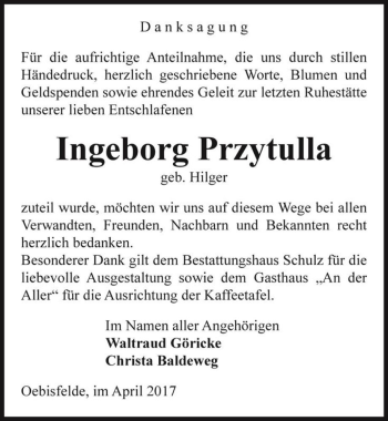Traueranzeige von Ingeborg Przytulla (geb. Hilger)  von Magdeburger Volksstimme