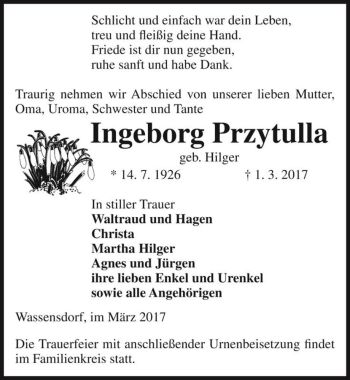 Traueranzeige von Ingeborg Przytulla (geb. Hilger)  von Magdeburger Volksstimme