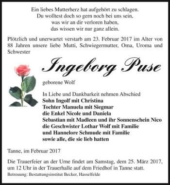 Traueranzeige von Ingeborg Puse (geb. Wolf)  von Magdeburger Volksstimme