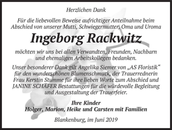 Traueranzeige von Ingeborg Rackwitz  von Magdeburger Volksstimme