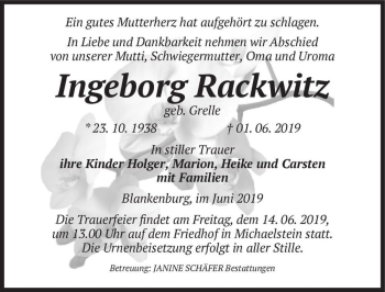Traueranzeige von Ingeborg Rackwitz (geb. Grelle)  von Magdeburger Volksstimme