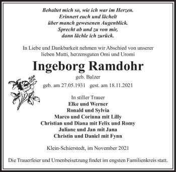 Traueranzeige von Ingeborg Ramdohr (geb. Balzer)  von Magdeburger Volksstimme