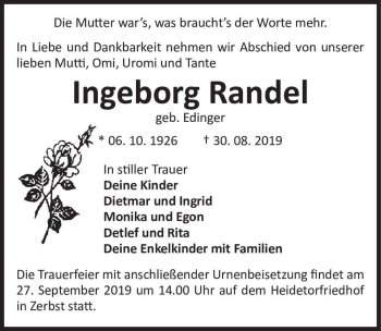 Traueranzeige von Ingeborg Randel (geb. Edinger)  von Magdeburger Volksstimme
