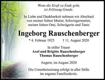 Traueranzeige von Ingeborg Rauschenberger  von Magdeburger Volksstimme