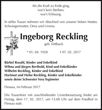 Traueranzeige von Ingeborg Reckling (geb. Fettback)  von Magdeburger Volksstimme