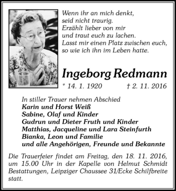 Traueranzeige von Ingeborg Redmann  von Magdeburger Volksstimme