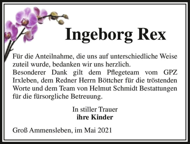  Traueranzeige für Ingeborg Rex  vom 15.05.2021 aus Magdeburger Volksstimme