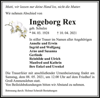 Traueranzeige von Ingeborg Rex (geb. Schulze)  von Magdeburger Volksstimme