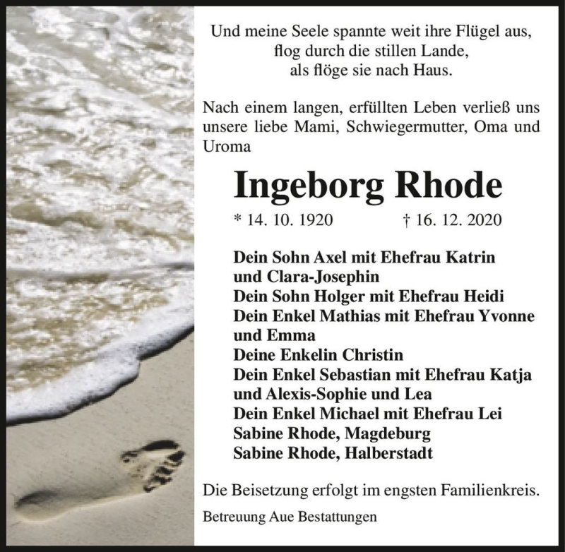  Traueranzeige für Ingeborg Rhode  vom 23.12.2020 aus Magdeburger Volksstimme